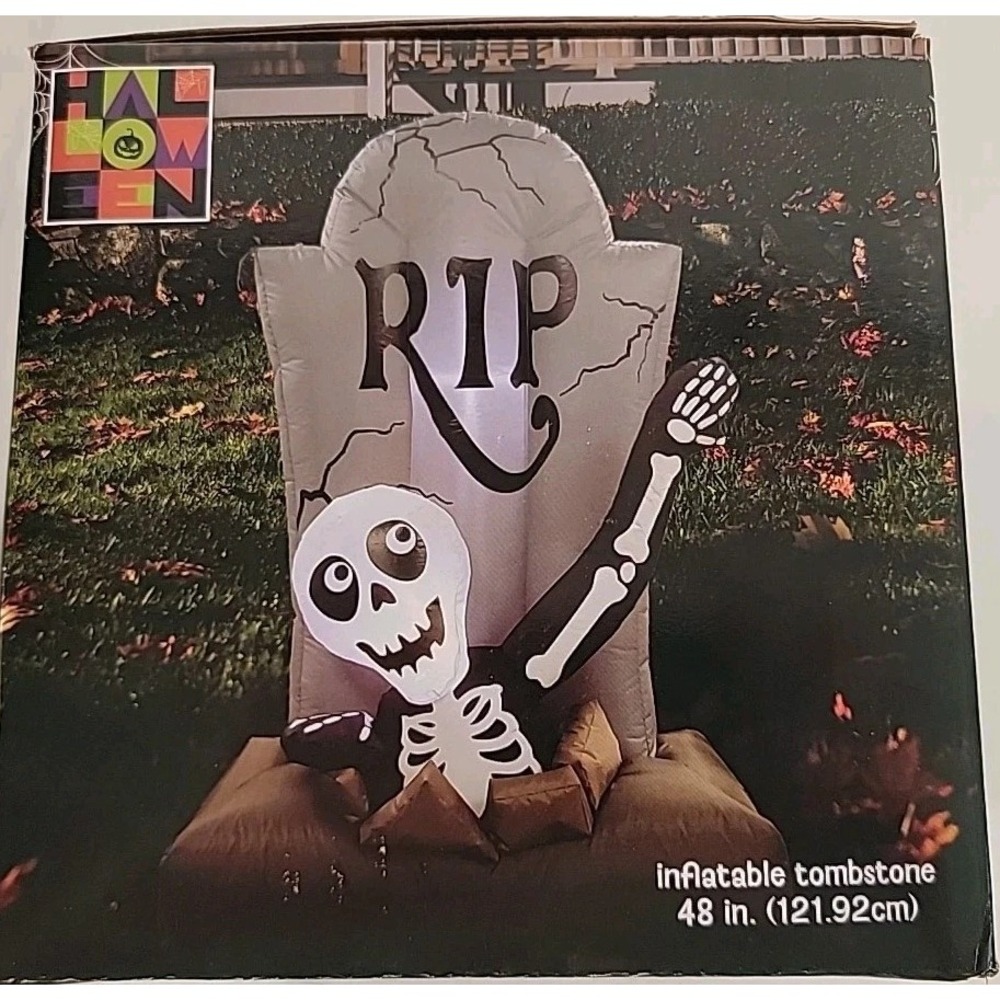 4 Foot Inflatable Tombstone Skeleton RIP Halloween Yard Decor Indoor Outdoor